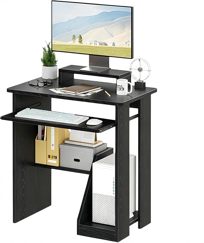ALISENED 30" Small Computer Desk with Keyboard Tray Monitor Stand, Study Writing Desk with Storage Shelves, Modern Workstation for Small Spaces, Save Space, Black A