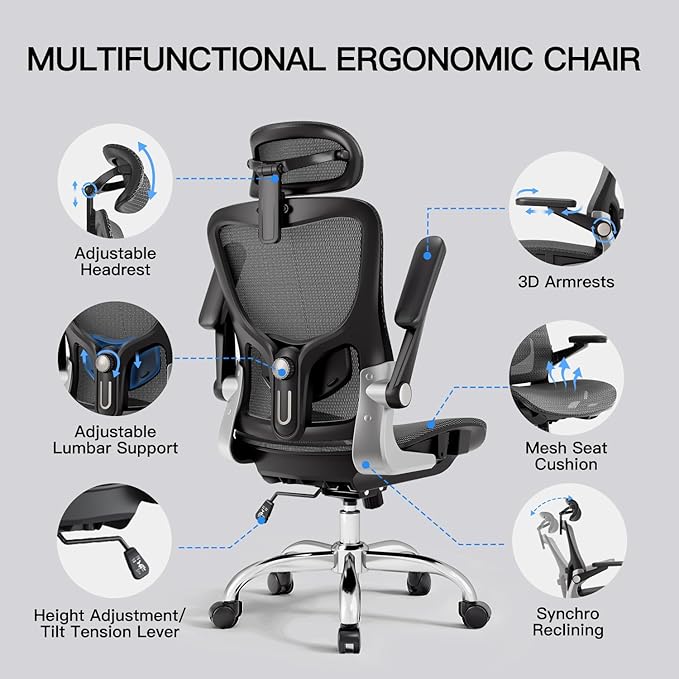 marrap Ergonomic Office Chair, Mesh Desk Chair with 3D Armrests, Adjustable Lumbar Support and Headrest, 90-120° Rocking Function, Black