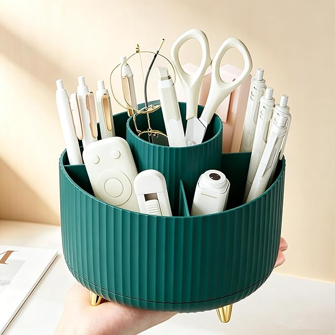 Pencil Pen Holder 5 Slots 360°Degree Rotating Pen Organizers for Desk Desktop Storage Stationery Supplies Cute Pencil Cup Pot Kids Desk Organizer for Office Home School（Green）