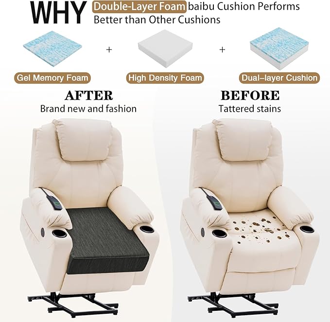 baibu Dual-Layer Gel Memory Foam Recliner Cushions for Elderly, 18x18x4 Inch Thick Non-Slip Recliner Seat Cushion Suitable for Couches, Armchair, Wheelchair, Black,1PC