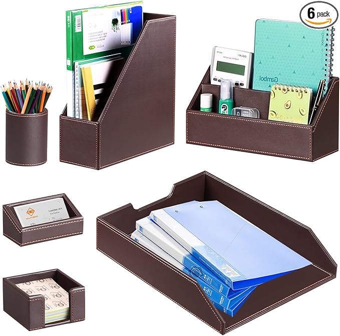 Desk Accessories and Workspace Organizers, 6 PCS Office Supplies Organization Set- Pencil Cup, Business Card Holder, Sticky Note Dispenser, Mail Sorter, Letter Tray, Files Holder, Desktop Caddy