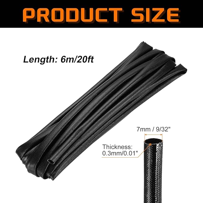 MECCANIXITY 20ft Braided Cable Sleeve, 9/32" ID 200C Heat Resistant 1500V Fiberglass Wire Insulation Cord Protector Organizer Wires Management for Motor Engine Fuel Line, Black