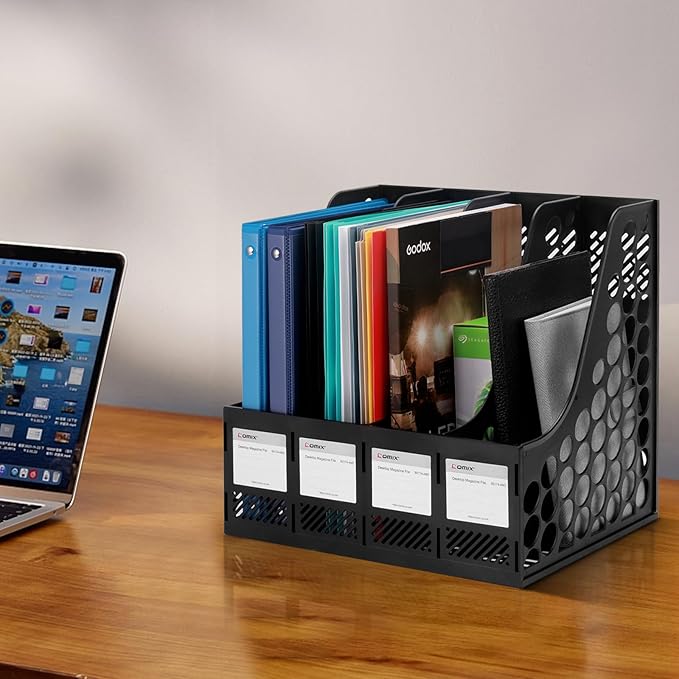 Comix Magazine File Holder Rack/Vertical Desktop File Organizer - Plastic Desk Organizer for Files, Folders, Books - 4 Compartment Binder Organizer - Black