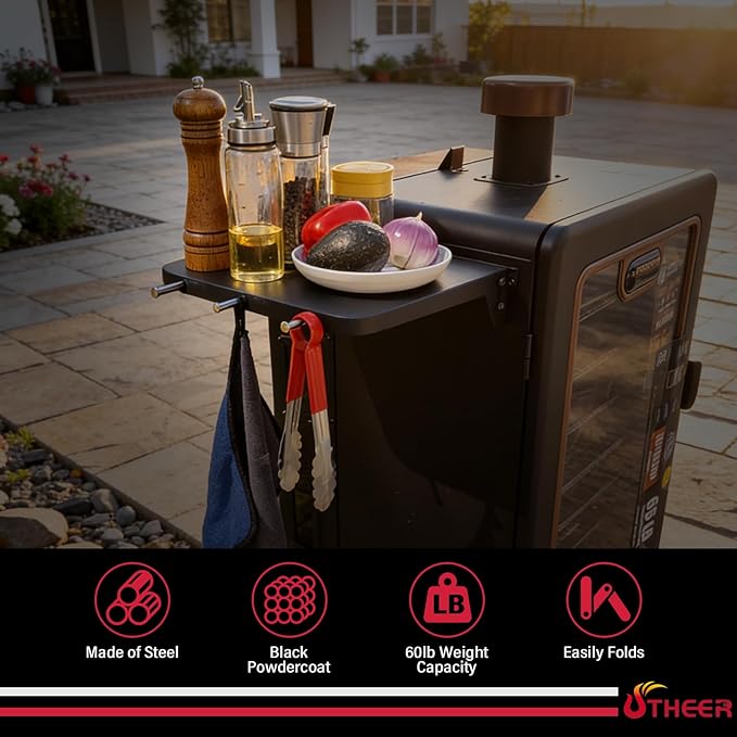 Utheer Folding Front Shelf for Pit Boss 4 Series Vertical Pellet Smoker Onyx PBV4NX, 12.8"x11" Smoker Shelf with 3 Hooks, Space-Saving Grill Prep Table, Pit Boss Vertical Smoker Accessories