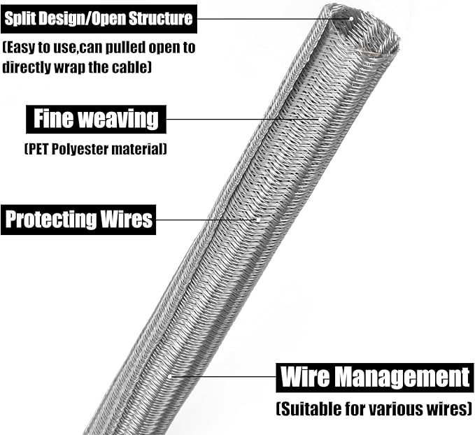 10ft PET Braided Cable Sleeve 1/3 inch(8mm) Wire Protector Cable wrap Wire Covers for Cords Cable Sleeves Cord Management Cable Management Sleeve(Grey)