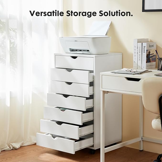 OLIXIS 7 Drawers Rolling File Cabinet, Mobile Under Desk Storage Cabinet with Wheels, Sturdy Printer Stand Organizer for Home Office, Living Room, Workplace, White