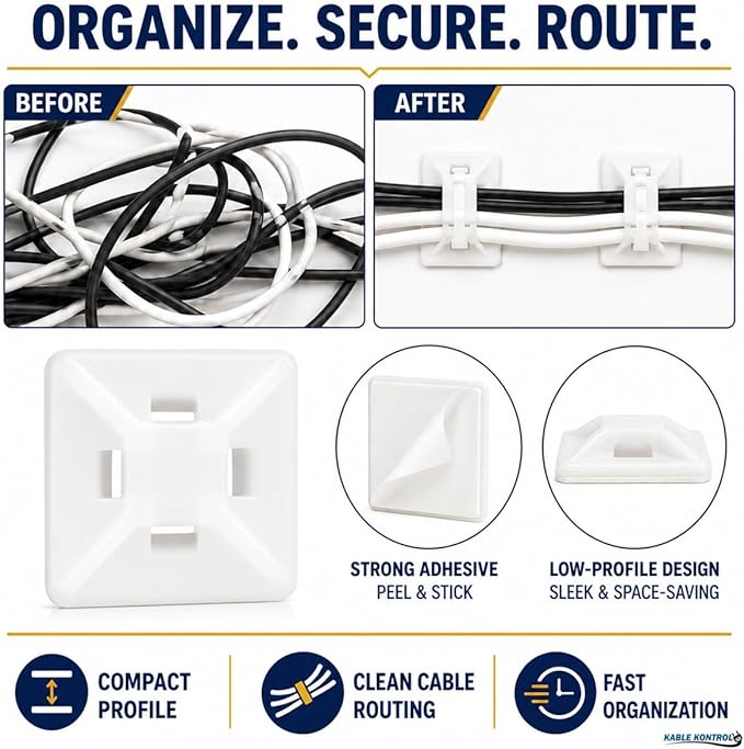 Kable Kontrol Zip Tie Mounts, 1/2” Sq, Natural White, 100 Pcs, Adhesive Backed Multi-Purpose Mounting Squares Nylon Cable Tie Wrap Anchor Pads for Cable Management