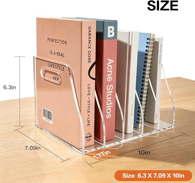 Acrylic Magazine File Holder, 5 Vertical Compartments Desk Document Sorter Organizer, Clear Bookend File Sorter Holder for Office, Documents, Tablets, Magazines, Books