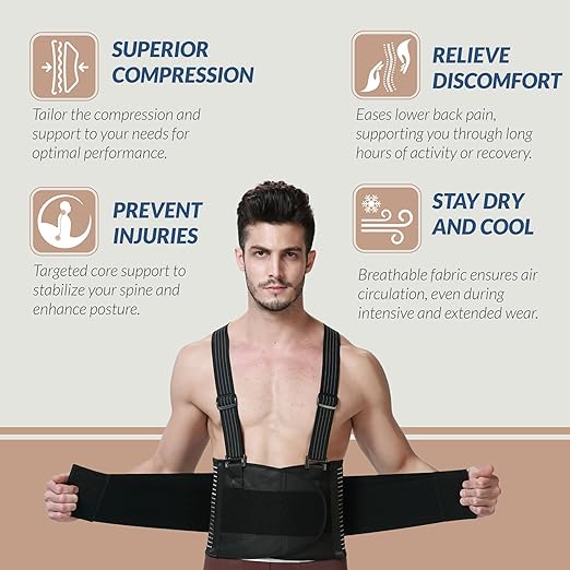 NeoTech Care Back Brace with Suspenders for Work - Industrial Lifting Safety, Elastic Compression, Hook & Loop Closure (Charcoal, Size S)