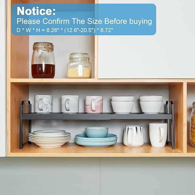 Set of 2 Expandable Kitchen Cabinet Shelf Organizer, Stackable Countertop Cabinet Storage Shelves Organizers For Spice Plate Dish Mug Cups, Adjustable Counter Cupboard Pantry Shelf Organizer