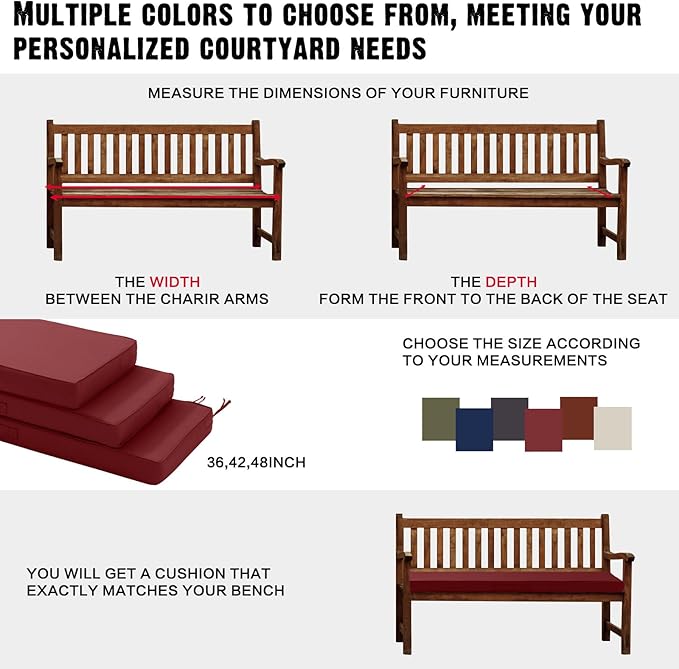 Outdoor Bench Cushion Waterproof with Memory Foam,Patio Bench Cushions for Outdoor/Indoor Furniture Porch Swing Cushion with Handle and Adjustable Strap,Burgundy Red,48x18 Inch