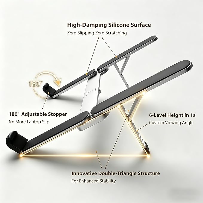 Foldable Laptop Stand, Portable Laptop Stand, Ultra-Lightweight (Lighter Than a Phone)，Adjustable Computer Stand, 6-Level Height, Fits 10-16" Laptops, for Home Office Business Trip Remote Work