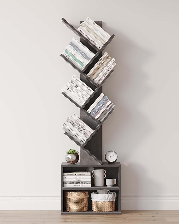 SUNMORY 6 Tier Tree Bookshelf, Tall Bookcase with Storage Cabinet, Modern Narrow Bookshelves Organizer, Floor Standing Book Shelf for Bedroom/Living Room/Home Office/Corner, Grey