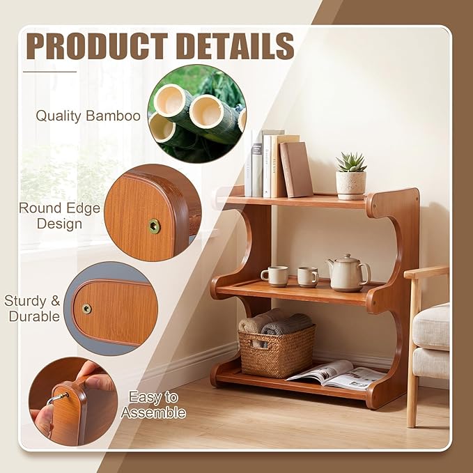 Chumia 3 Tier Bamboo Desk Shelf Bookshelf for Desktop Organization, Table Shelf Organizer Storage Rack for Home Kitchen Cabinet Living Room Office, Mug Cup Display Holder Countertop Supplies
