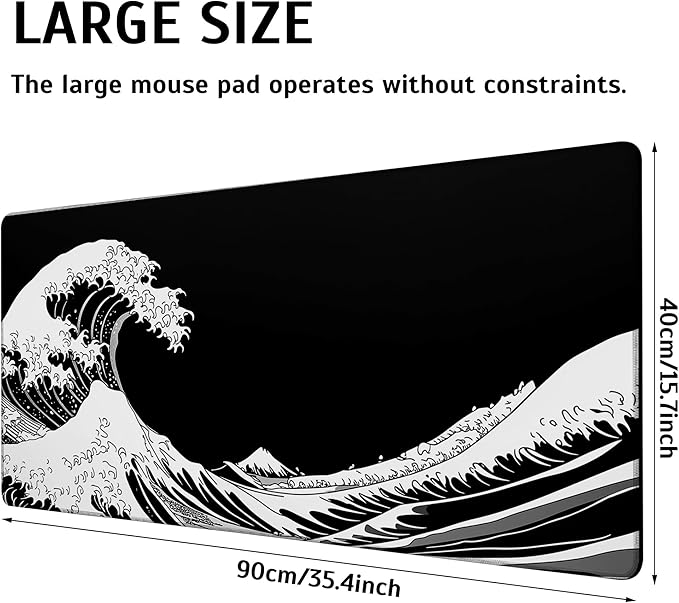 Dark Wave Mouse Pad,35.4 x 15.7 Inch Large Mouse Mat Non-Slip Rubber Stitched Edges for Writing Desk,Office,Home,Laptop