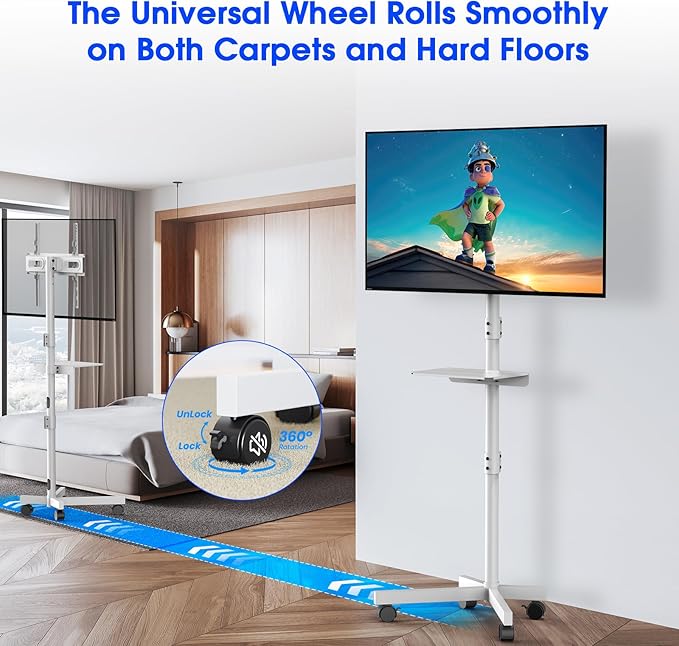 Mobile TV Stand for 23-60 Inch LCD LED OLED Flat Panel Curved Screen TVs up to 88 lbs, Tilt and Height Adjustable, Locking Rolling Wheels TV Cart with Shelf, Max VESA 400x400mm, White