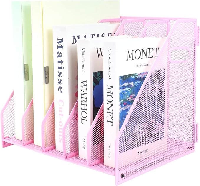 Desk Organizers Metal Magazine File Holder Racks Desktop Folder Storage Binder Organiser Document Organization for Home Office & Classroom,5 Vertical Compartments-Pink