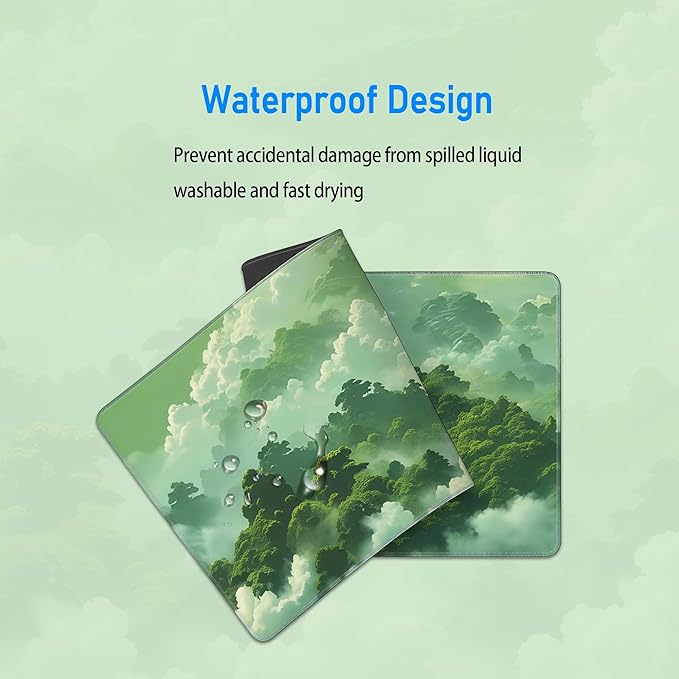 Green Forest Mouse Pad,Large Misty Mountain Nature Mousepad,Extended Gaming Gentle Aesthetic Office Desk Decor Mouse Mat with Non-Slip Base and Stitched Edge,31.5 x 12in