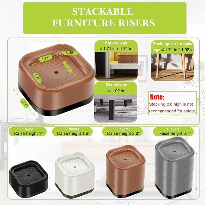 9 Pack Furniture Risers 1 Inch, Adjustable Bed Risers Heavy Duty for Table Desk Couch Chair Sofa Cabinet Bed Legs Dorm, Square Stackable Bed Raisers Blocks Lift Height 1", 2" or 3", Brown