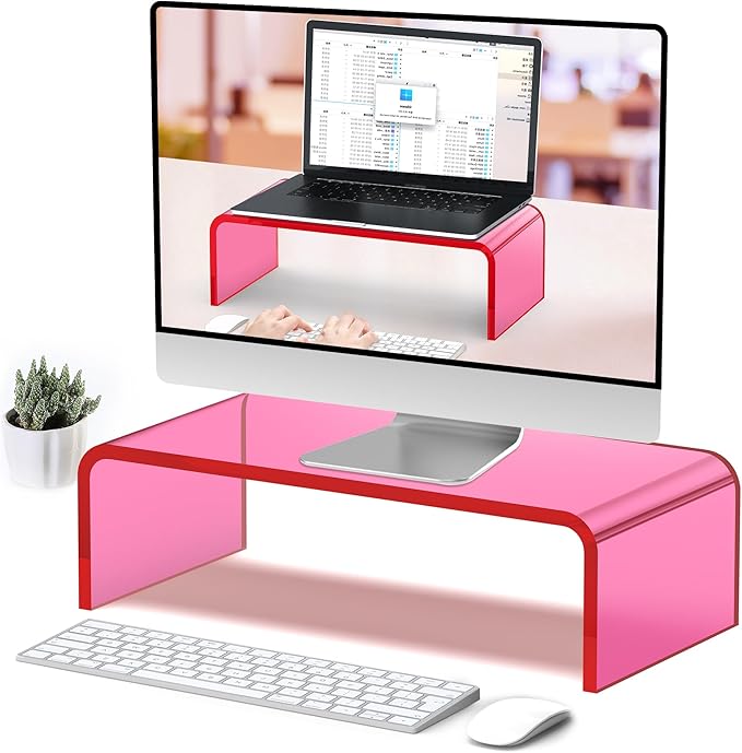 Acrylic Monitor Stand Riser 15-inch Acrylic Laptop Stand for Desk Clear Computer Monitor Stand for Desk Office Organizer for Office Home Bright Pink