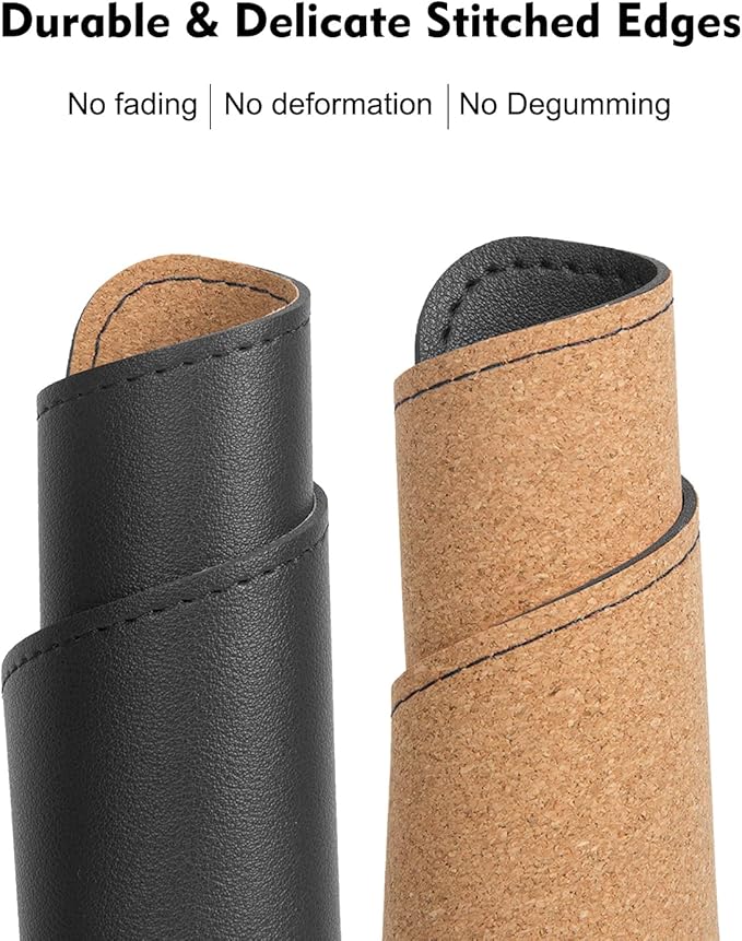 Double-Sided PU Leather & Cork Mouse Pad with Coaster – Reversible, Non-Slip, Stitched Edges for Office & Home, 8x11 Inches,(Black)