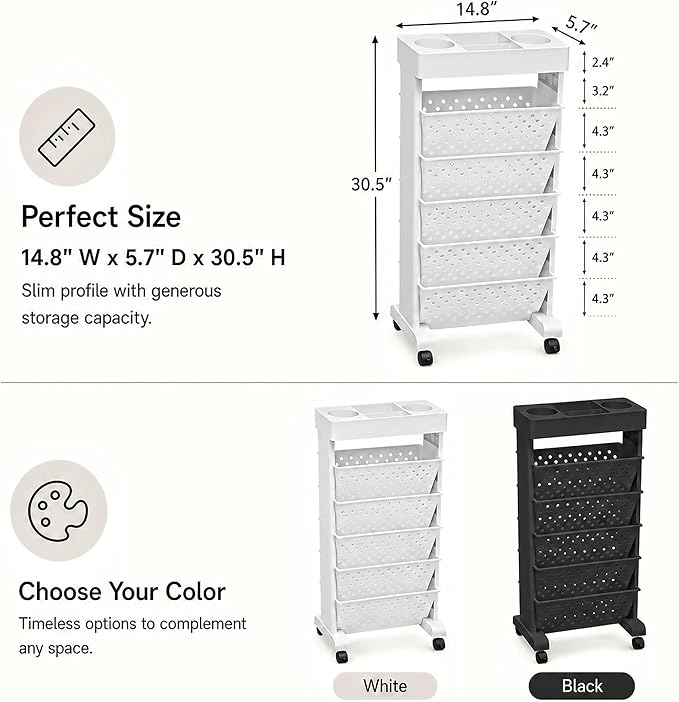 6-Tier Mobile Bookshelf, Rolling Bookcase Book Storage Rack, Movable File Folder Organizer Cart with Wheels for Home Study Office Living Room Classroom, White