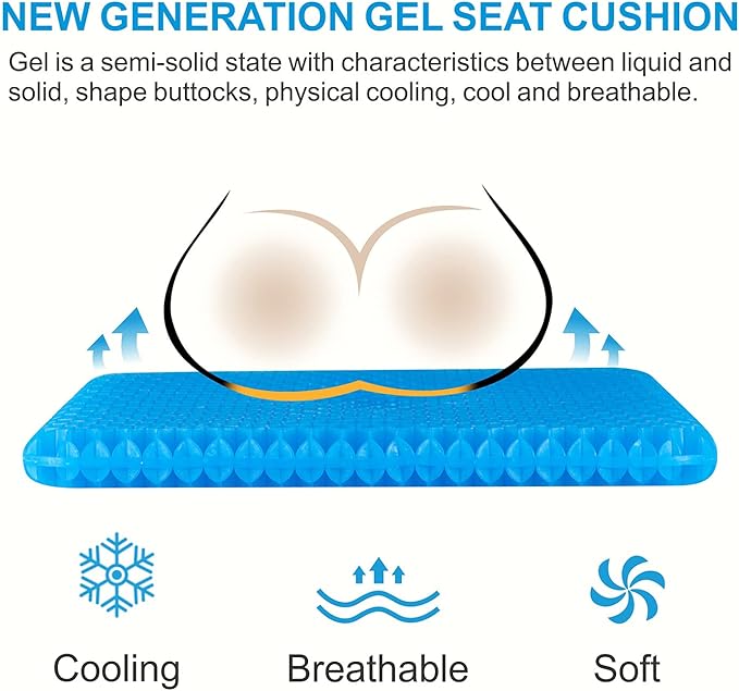 Gel Seat Cushion, Chair Cushions with Non-Slip Cover, Breathable Honeycomb Car Seat Cushion for Pressure Relief Back Pain, Home Wheelchair Office Chair Cushion (16x14x1.6 inch)