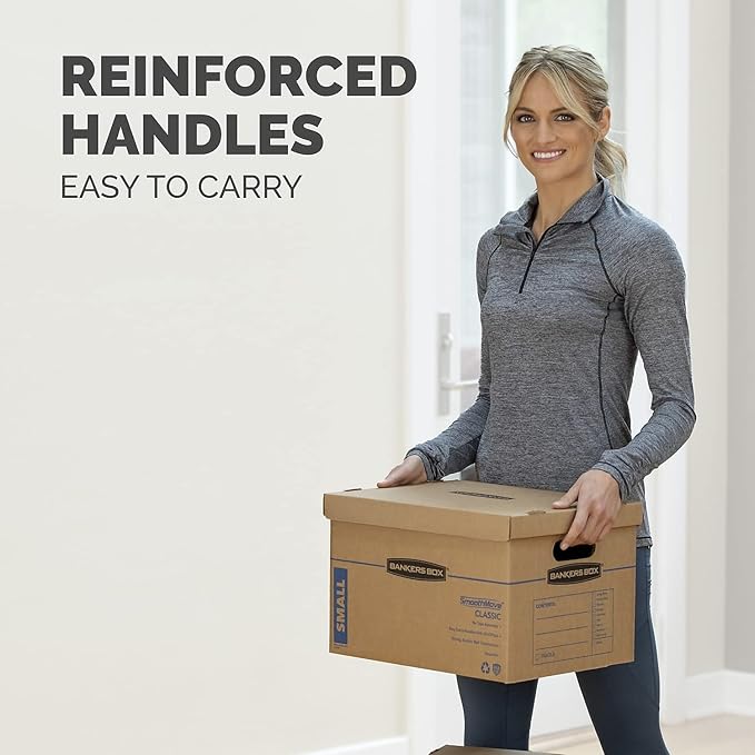 Bankers Box Small Classic Moving Box 20 Pack, Reinforced Handles, Tape-Free Assembly, Box with Lid, 15" x 12" x 10", Cardboard