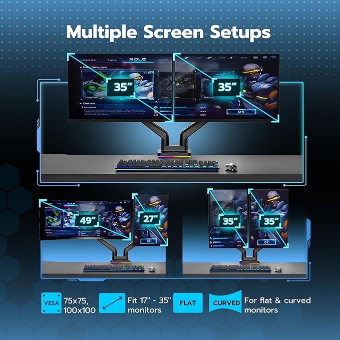 ARES WING Dual Monitor Mount for 17-35 Inch Ultrawide Heavy Duty Curved Screen, Computer Monitor Arm Desk Mount, Gas Spring Adjustable Vesa Stand, Black