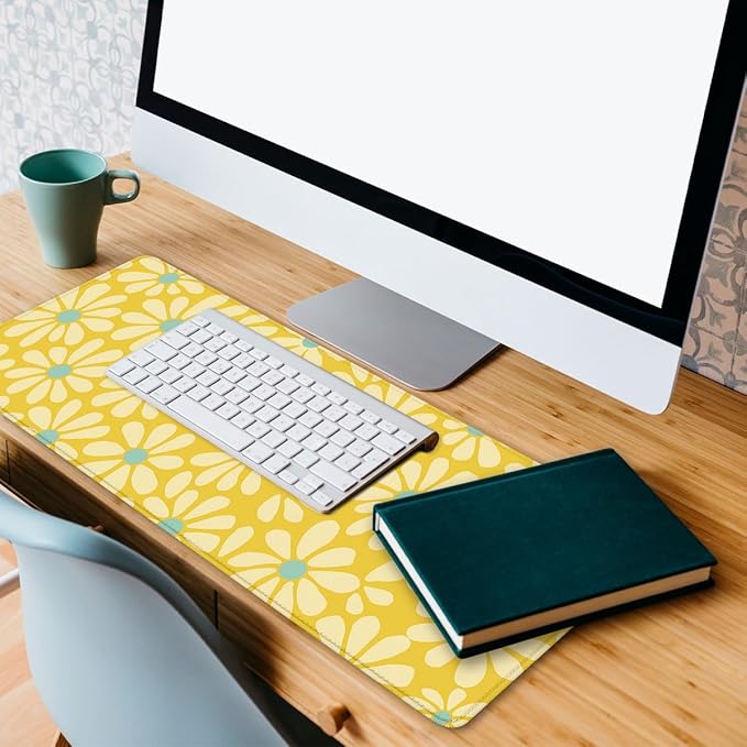 Daisy Flower Desk Pad Mouse Pad Cute Yellow Retro Floral Extended Gaming Mouse Pad Mat with Stitched Edge Non-Slip Base Big Mousepad 31.5"x11.8"