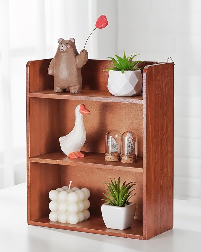 3-Tier Trinket Shelf, 10" x 12" Vintage Display Shelf for Wall or Desk, Small Wooden Shadow Box with Shelves for Collectibles, Mini Figures, Perfumes & Essential Oils, Brown