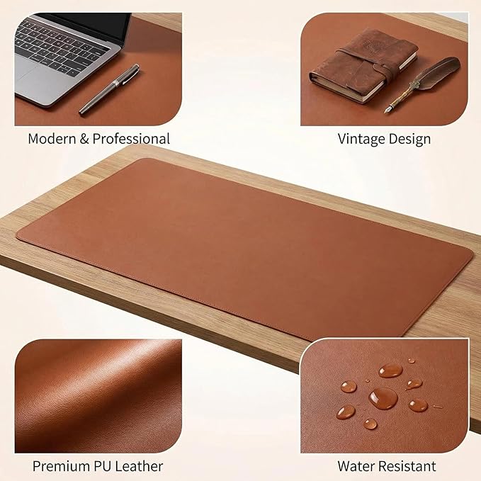Office Desk Pad Protector, Mouse Pad, Non-Slip, PU Leather, Laptop Desk Blotter, Waterproof Writing Pad for Office and Home, Brown, 13'' x 27.97''