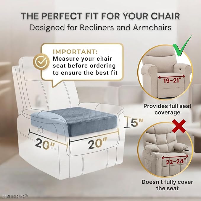 Medium-Soft 20x20x5 Memory Foam Recliner Chair Seat Cushion for Long Sitting - Armchair Pad with Washable Velvety Cover with Waterproof Layer & Non-Slip Base for Seniors & Elderly - Gray