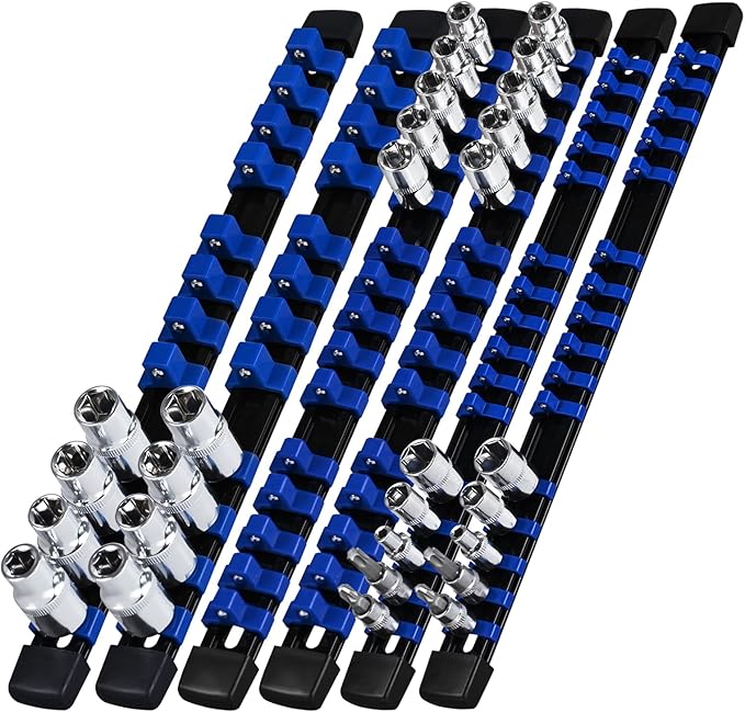 Socket Organizer Set 6PCS ABS Socket Holder Kit, 1/4-Inch x 32 Clips, 3/8-Inch x 30 Clips, 1/2-Inch x 24 Clips Socket Set Organizer, Drive Socket Tray, Socket Holders Clip Socket Rail, Blue