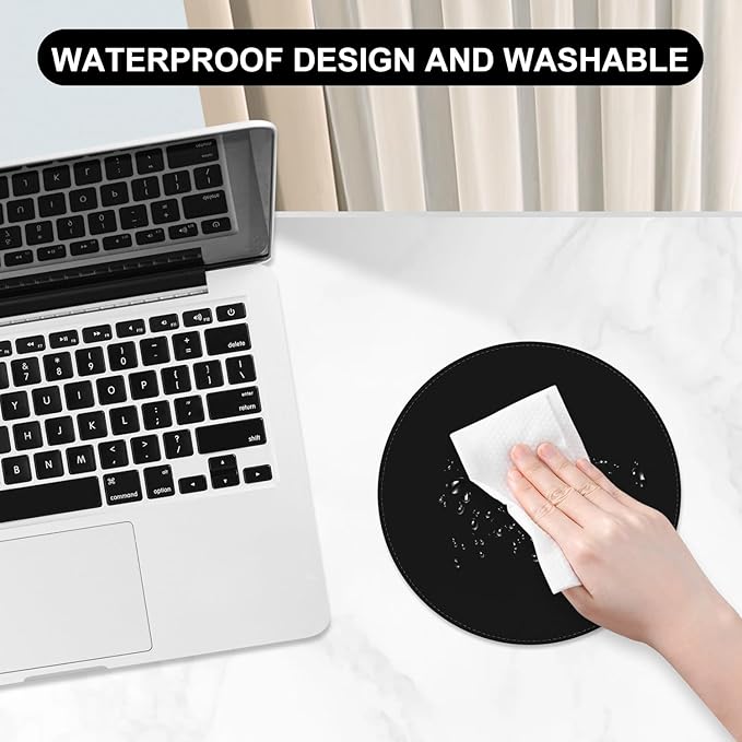 Leather Mouse Pad, Office Mouse Mat Non-Slip Rubber Base Stitched Edge Washable Waterproof Round Mousepad for Office Gaming PC Laptop, Round Diameter 8.7 inches, Black