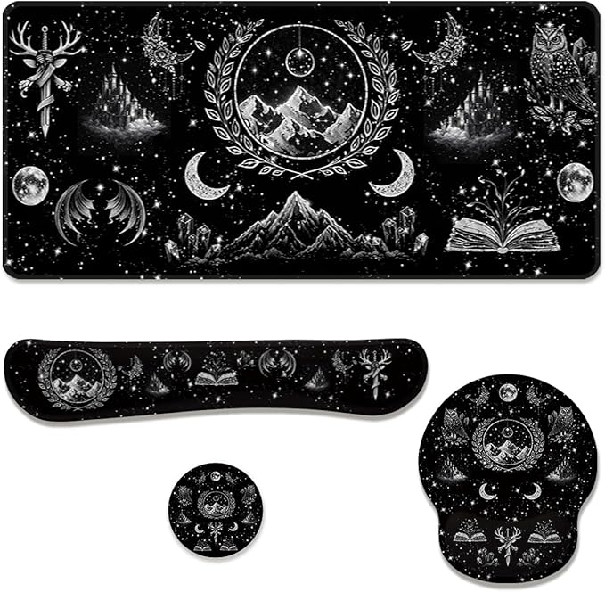 Dark Fantasy Desk Mat Set Magic Gothic Celestial Emblem Large Mouse Pad with Wrist Rest 4in1 Desk Mat for Desktop Ergonomic Computer Desk Arm Wrist Anti-Slip Computer Mouse Pad Home Office Gaming