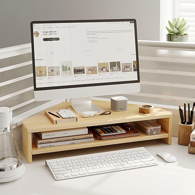 Corner Monitor Stand Wood Cut Triangle Corner Computer Stand, Desk Corner Monitor Riser with Storage Keyboard ＆ Mouse, Screen Stand Office Workspace Organizer ( Color : Natural , Size : H-13cm(5 1/8")