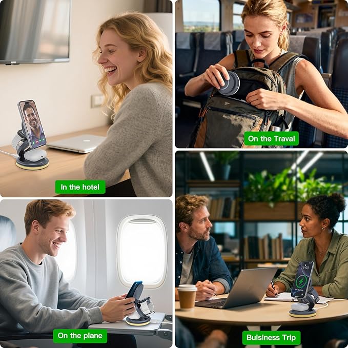 ZealSound 3-in-1 Foldable Magnetic Wireless Charger Stand, 15W Fast Charging Station with 30W Adapter and Warm Night Light for iPhone 17/16/15/14/13/12, Apple Watch & AirPods, for Home Office & Travel