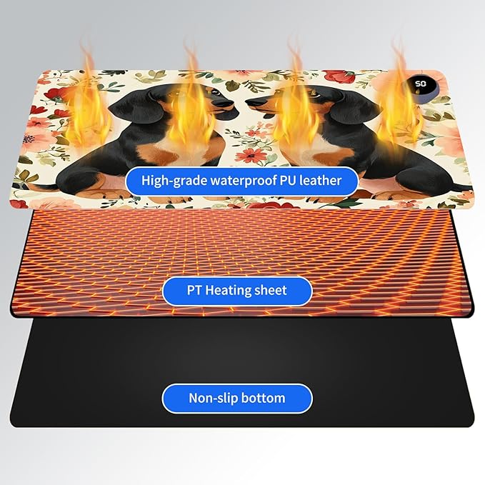 Heated Mouse Pad,Warm Desk Pad with 3 Levels Heating & 3 Hours Auto Shut-Off, PU Leather Heated Desk Pad Warmer Pad for Home Office - 31.5 x 13 inch,Dachshund Dog Flowers