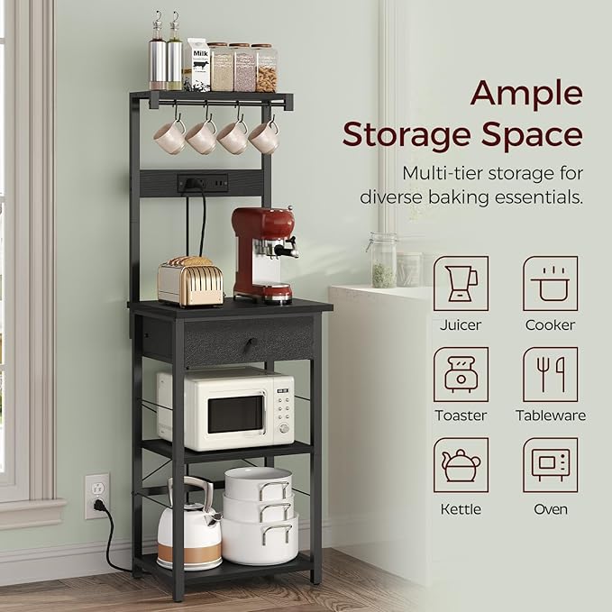 MAHANCRIS Bakers Rack with Drawer, Microwave Stand with Power Outlet, Coffee Bar Station with 4 Hooks, Kitchen Storage Shelf Rack 4 Tiers, for Kitchen, Dining Room, Black BRBK48E01