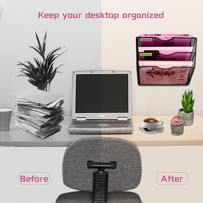 3 Pockets Mesh Wall File Holder Organizer Office Hanging File Folder Magazine Rack, Nametag Label Hooks Set Included (Black)