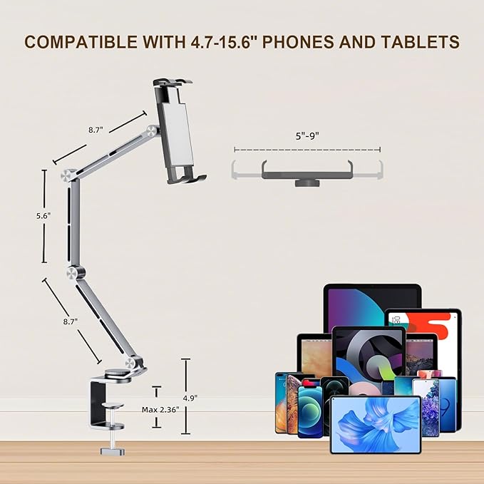 Tablet Stand Holder for Desk Aluminum Alloy Ipad Desk Mount Monitor with 360°Rotate Base, Adjustable&Foldable Tablet Arm for 4.7"-15.6" Screen Phone,Kindle,Fire HD,Monitor