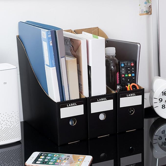 24 Pcs Black Cardboard Magazine File Holder, Foldable Magazine Holder Magazine Storage Box with Labels 10.6×10.2×3.5'' Cardboard Magazine Box for Home Office Desktop Storage