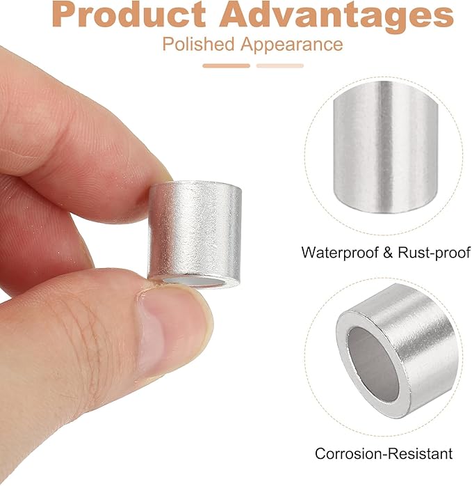 uxcell 5/16"(8mm) Aluminum Crimping Loop Sleeve, Wire Rope Stop Sleeve Round Crimp Ferrules for Wire Rope and Cable Ferrule, Silver 50Pcs