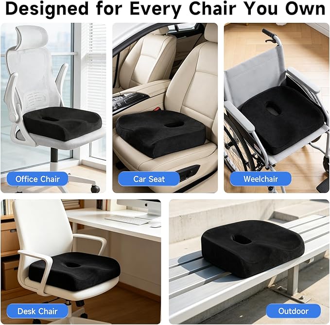 Memory Foam Seat Cushion with Center Cutout, Donut-Style Chair Cushion for Office Chair, Desk Chair and Long Sitting, Coccyx and Tailbone Comfort, Non-Slip Bottom, Removable Washable Cover, Black
