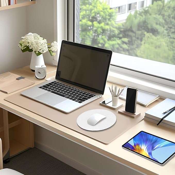 Leather Mouse Pad, Office Mouse Mat Non-Slip Rubber Base Stitched Edge Washable Waterproof Round Mousepad for Office Gaming PC Laptop, Round Diameter 8.7 inches, White