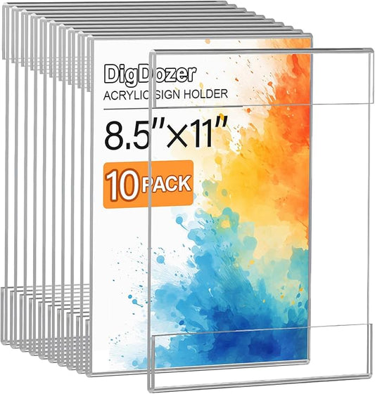 10 Pcs Acrylic Sign Holder 8.5 x 11, Vertical Wall Mount Sign Holders with Adhesive, Clear Plastic Frames Paper Display Sign Holders for Office, Home, Store, Restaurant - No Drilling