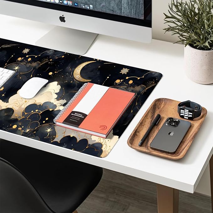 Cute Desk Mat, Black Gold Cloud Moon Large Mouse Pad for Desktop, PU Leather Waterproof Desk Pad, Anti-Slip Computer PC Laptop Protector Gaming Mouse Pads for Office Home Decorations
