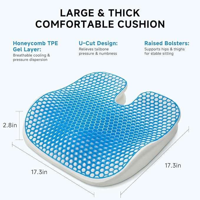 Seat Cushion for Office Chair - Cooling Honeycomb & Memory Foam 17.3" x 2.75" Tailbone Pain Relief Cushion, Ergonomic Desk Chair & Car Seat Cushion for Sciatica (Black1)