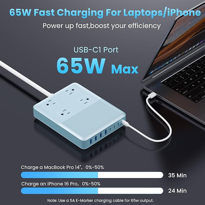 200W USB C Charging Station Power Strip with Cord and Plug,USB C Charger Block,4 AC Outlets,8 USB Ports for MacBook,iPhone 17/16/15,Fast Charging Desktop Charger for Office,Home (Sky Blue)